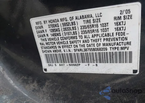 2005 Honda Odyssey Exl from USA, damaged, VIN 5FNRL38795B068209